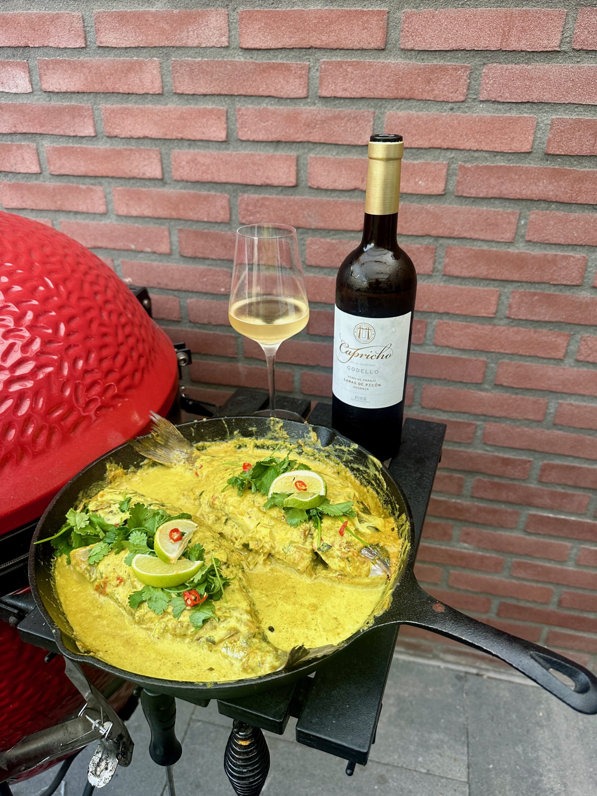Vis curry met kokosmelk in gietijzeren skillet op kamado BBQ