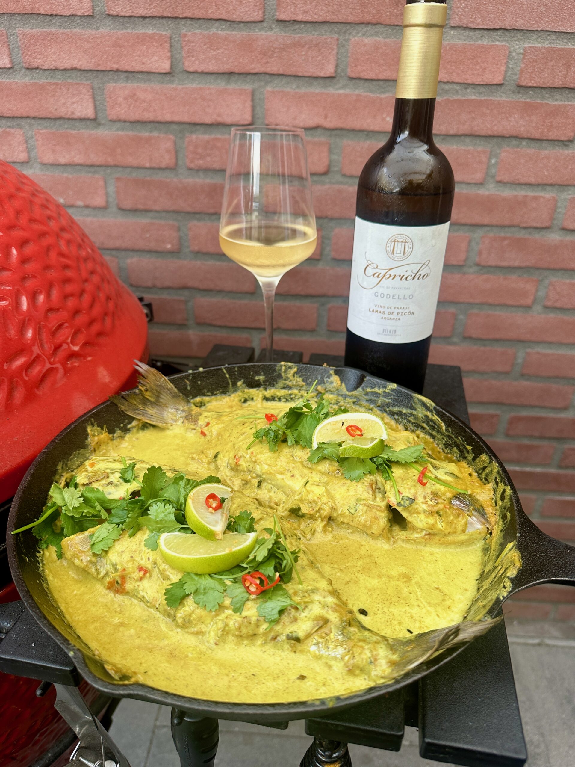 Viscurry met kokosmelk in gietijzeren skillet op kamado BBQ